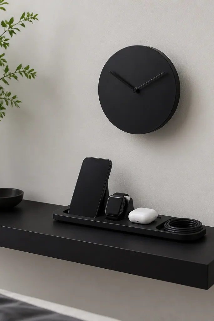 A matte black floating shelf with a small round black wall clock. Beneath the clock on the shelf surface is a charging dock setup with a black charging tray and neatly coiled cables.