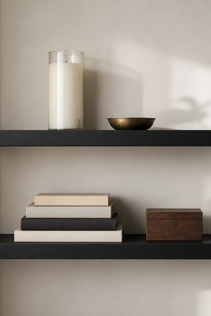 Two matte black floating shelves. The top shelf has a tall ivory candle in a glass jar and a small brass dish. The bottom shelf has a stack of books in cream and black with a small wooden box.