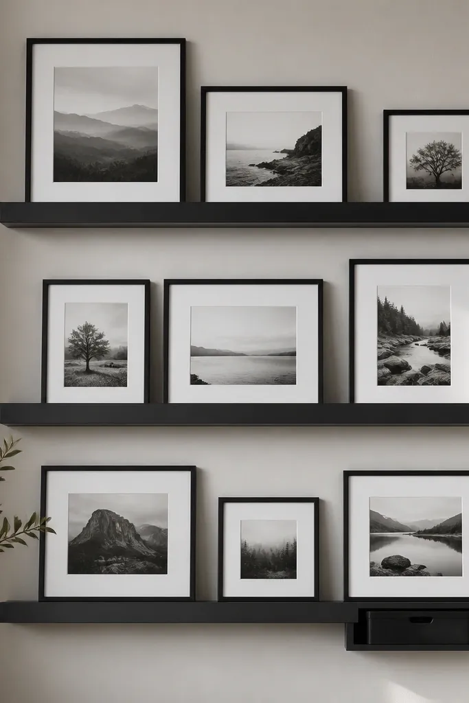 A wall with three matte black floating shelves. Each shelf has black picture frames in different sizes, arranged in a tidy grid. The bottom shelf also has a small black storage bin tucked under one frame.