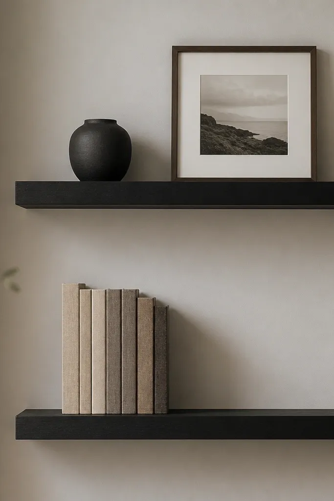 Two matte black floating shelves. The bottom shelf has a vertical stack of linen-texture storage books in beige and taupe. The top shelf has a small black vase and a framed photo. The shelves are spaced widely with air between items.