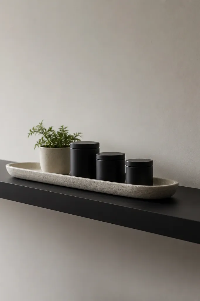 A long matte black floating shelf with a long ceramic runner tray. On the tray are small black canisters with white labels and a small plant pot. The shelf looks organized with lots of negative space.