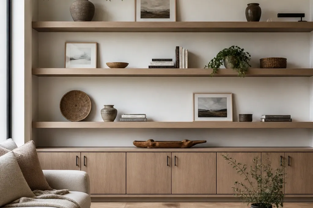 Floating Shelves Living Room with storage styling