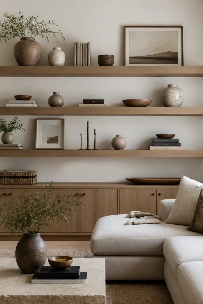 Floating Shelves Living Room with storage styling