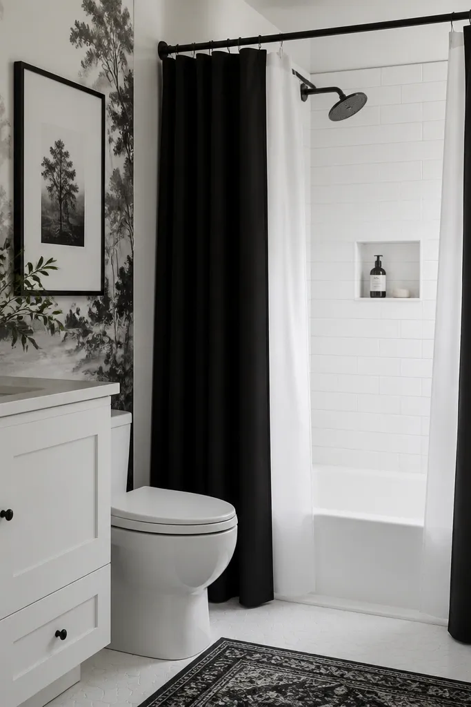 A small full bathroom shower has an inner white liner and an outer matte black shower curtain liner. The black fabric is flat with a weighted hem, and it frames a bright white tile surround. A black chrome shower rod and a white vanity sit against black-and-white wall art.