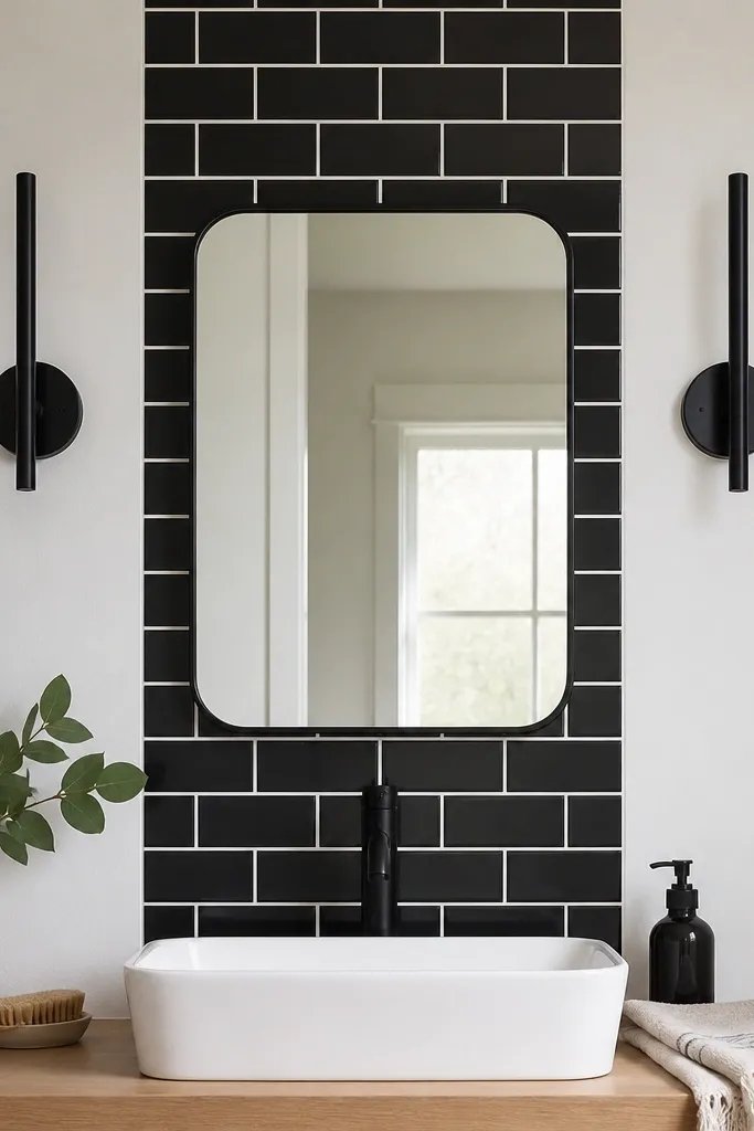 Behind a small bathroom mirror there is a narrow vertical band of peel-and-stick subway tile. The tiles are black with white grout lines, and the rest of the wall is white. A black faucet and a slim black sconce sit on either side.