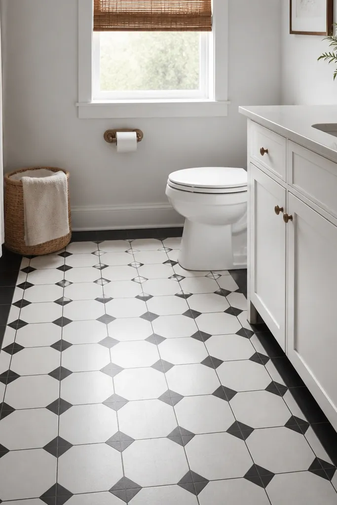 The bathroom floor is covered with peel-and-stick vinyl tiles in a black-and-white geometric pattern. The pattern forms a subtle star or diamond grid in the center, with black borders near the walls. A white toilet and a white vanity contrast with the bold floor.