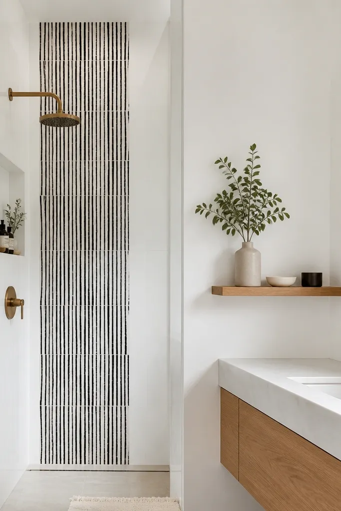 A single removable wallpaper stripe runs vertically from the shower wall up to the ceiling. The stripe has black and white pattern lines, while the surrounding walls are painted bright white. A small shelf and a framed mirror sit on the plain wall.