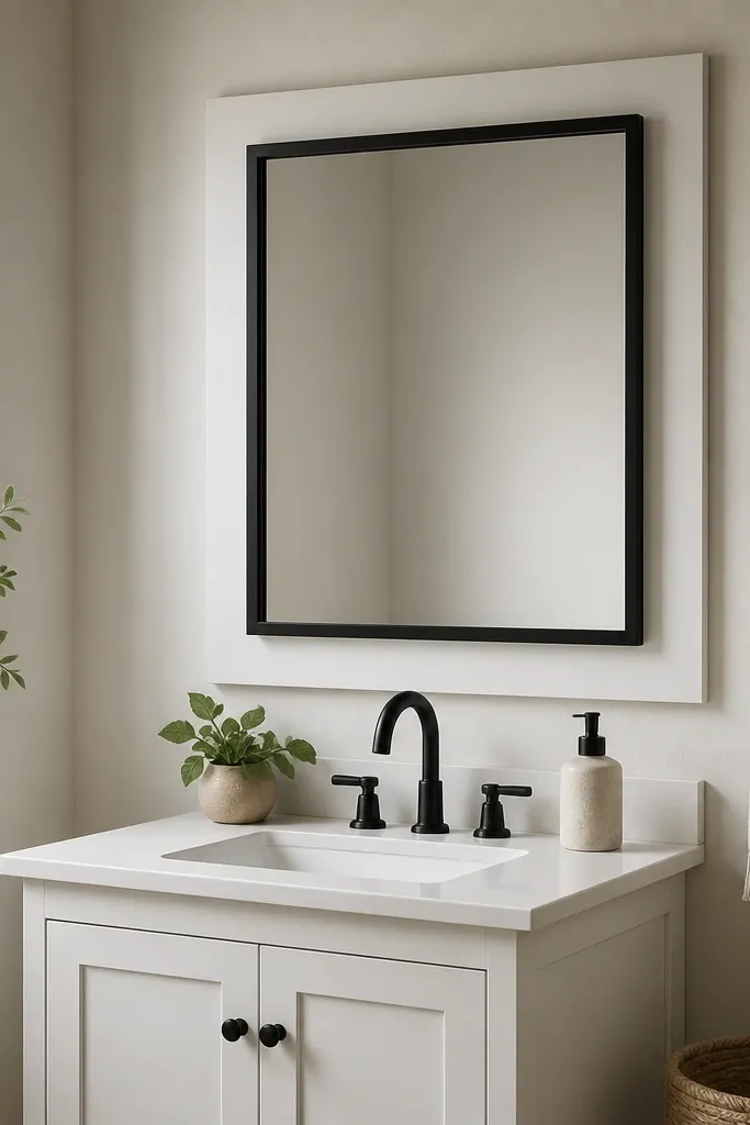 A rectangular mirror with a matte black frame hangs above a small white vanity. Behind the mirror, a white backing panel or simple white board makes the reflection clean. A black towel ring and black faucet coordinate.