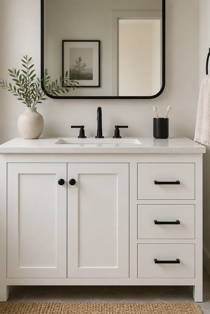 A compact bathroom vanity is white with a clean countertop. The drawer pulls and cabinet knobs are matte black. A black toothbrush holder and a black framed mirror sit above.