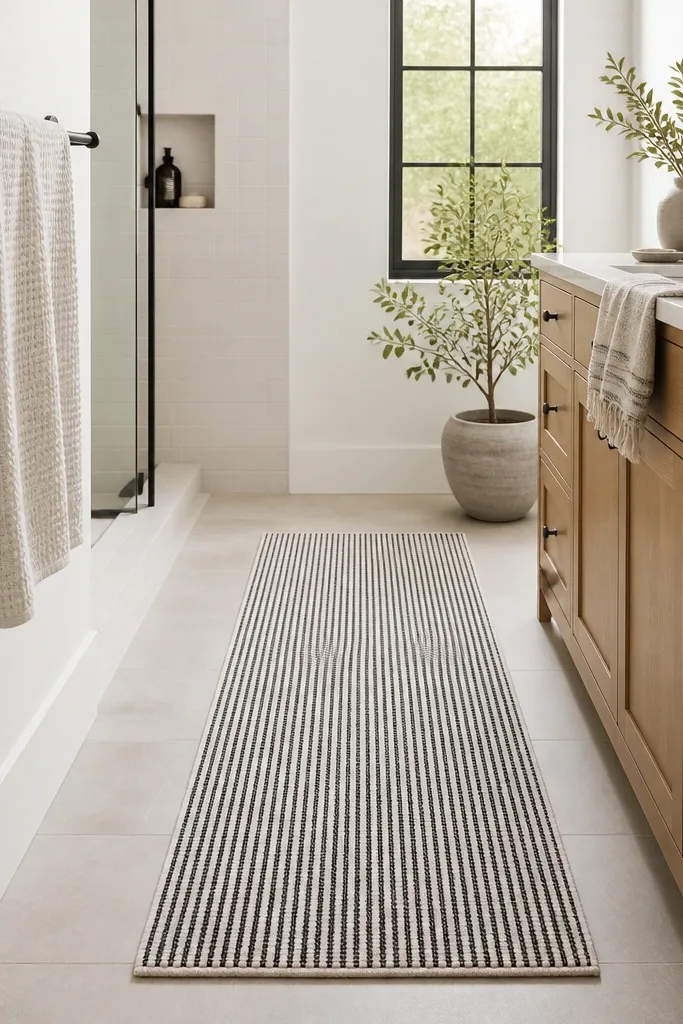 A narrow bath runner rug with black and white ticking stripes runs from the shower area toward the vanity. The rug has a low pile and a non-slip backing. The walls are white, and a black towel bar sits nearby.