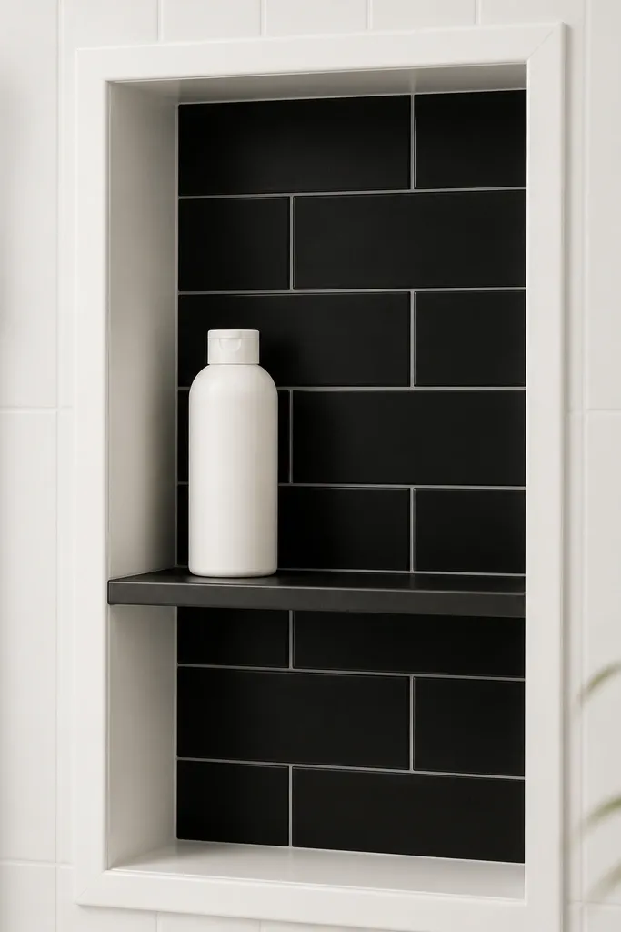 Inside a built-in shower niche, there are black tile-effect peel sheets with faux grout lines. The niche is framed with white tile around it. A white bottle sits on a small shelf inside the niche.