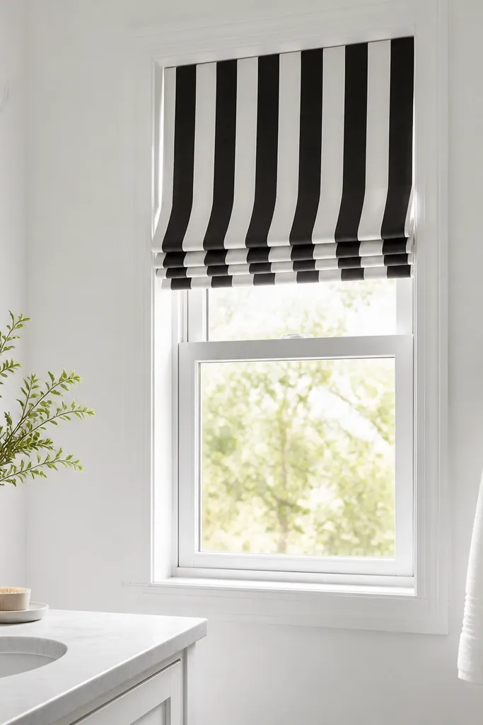 A small bathroom window has a black-and-white striped roller shade. When rolled up, it creates neat roman folds. The walls are white, and a black towel ring is mounted near the window.