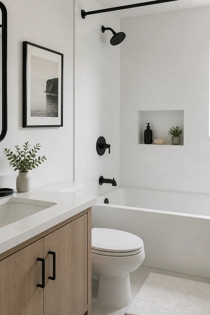A compact bathroom shows a matte black faucet and matte black shower head. The surrounding tiles and tub are bright white. A white bath mat and black framed art hang near the mirror.