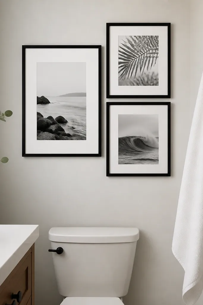 A small bathroom wall has three black-and-white framed prints arranged in a tight grid. The frames are black, the prints are on waterproof paper, and they sit about a foot above the toilet and away from direct spray. A white towel hangs nearby.