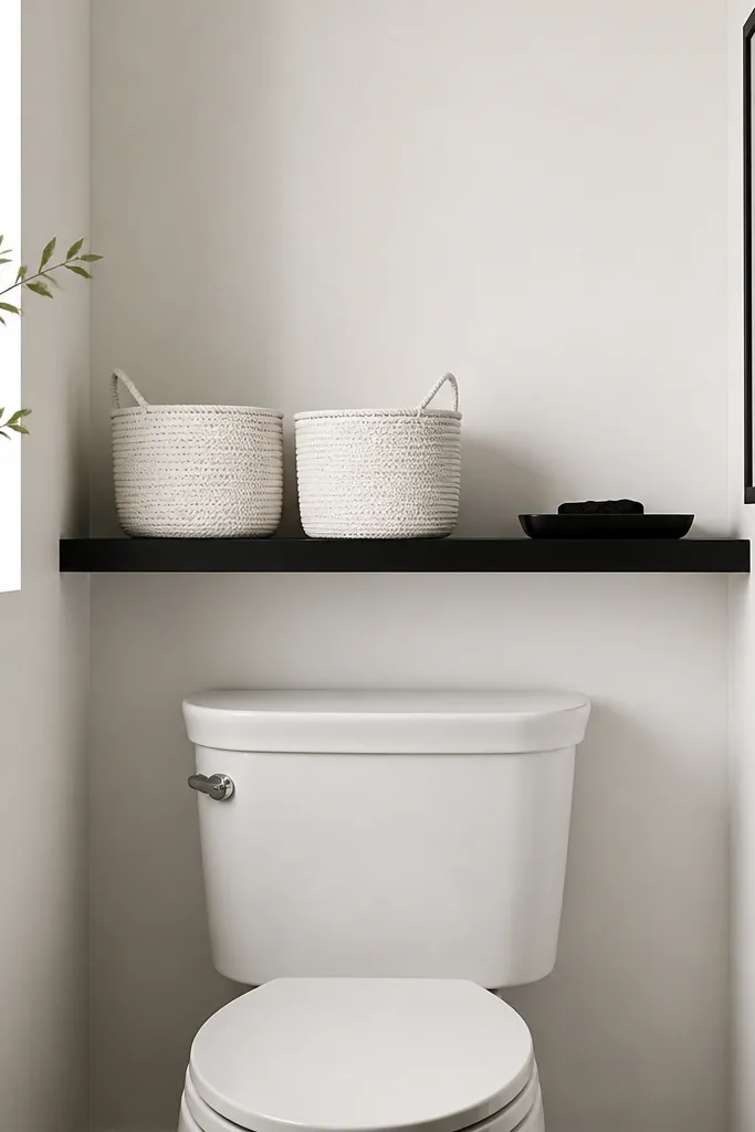 Above the toilet there is a narrow black floating shelf. On it sits two white woven baskets and a small black tray. The wall around the shelf is white with a black-and-white framed photo to the side.