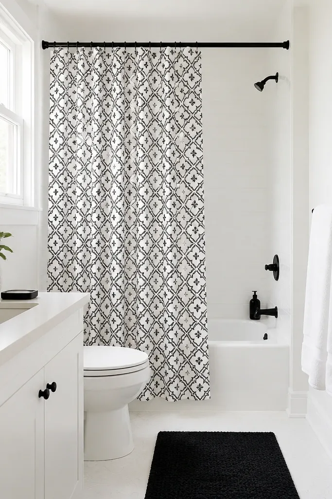 The shower has a black-and-white patterned curtain with a clean repeating motif. The rest of the bathroom is mostly white. White towels hang on a black bar, and the floor has a simple black mat.