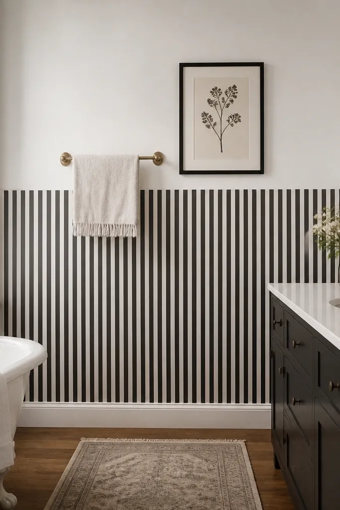 A removable wallpaper application covers the lower half of one wall with vertical black-and-white stripes. The upper half remains bright white. A small towel bar and a framed print sit above the stripe line.