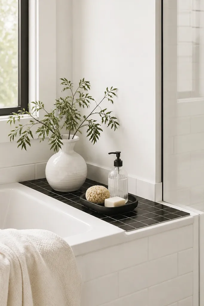 On the tub deck, there's a peel-and-stick tile sheet that looks like black tiles with white grout. The rest of the bathroom is white. A small black tray sits on the tub deck area near the shower.