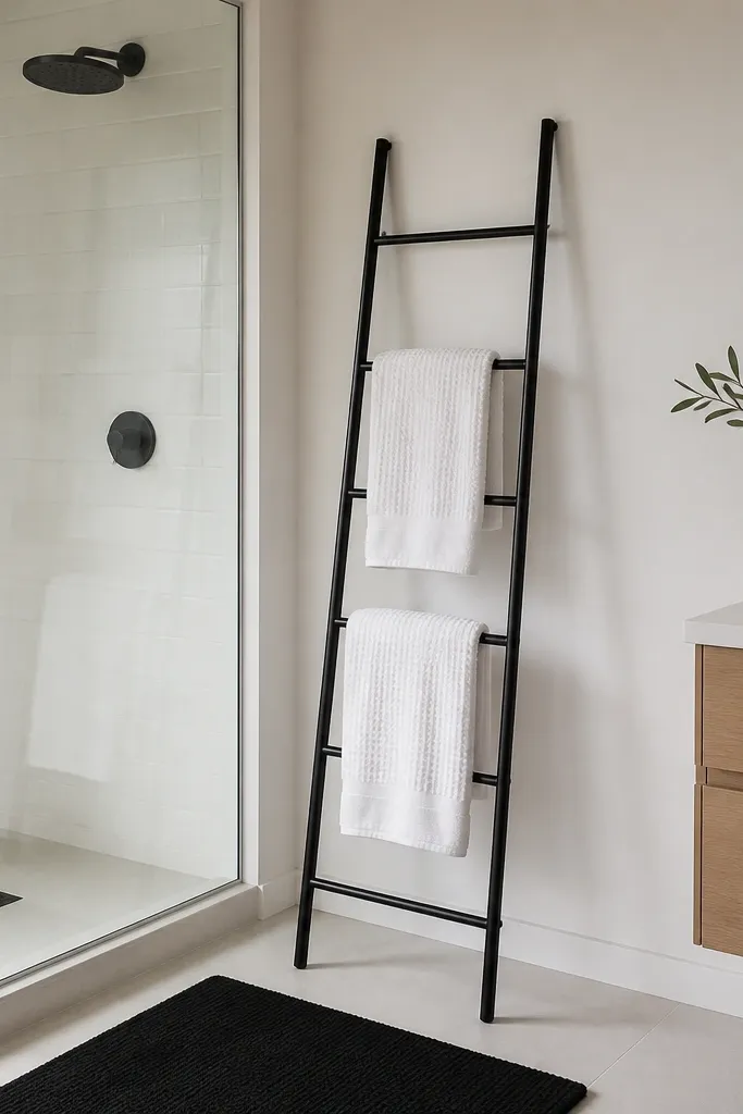 A slim black towel ladder leans against a white wall next to the shower. White towels are draped neatly across the rungs. The floor has a simple black bath mat.