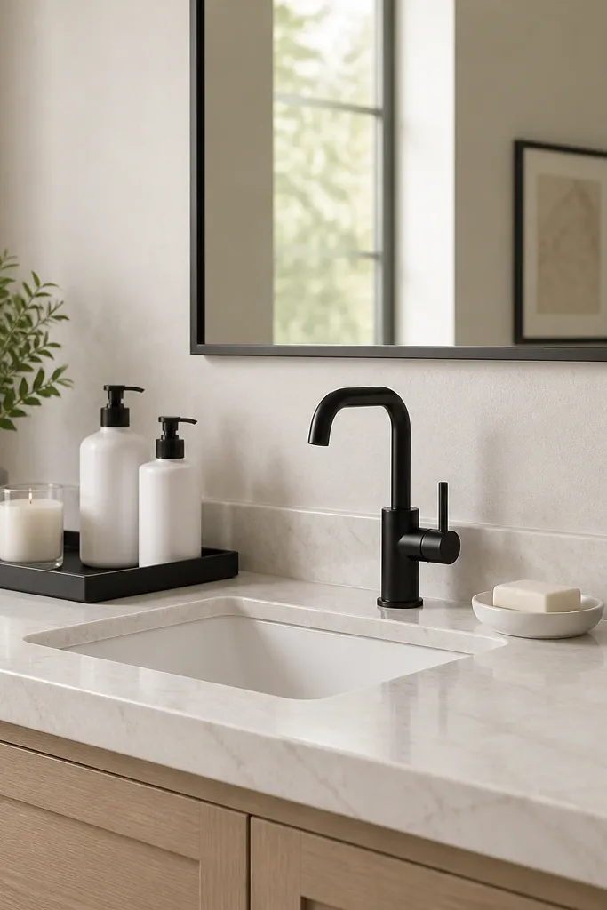 A small bathroom vanity countertop has a black tray holding white pump bottles and a small candle. The rest of the counter is clear, with a white soap dish and a black toothbrush holder near the sink.