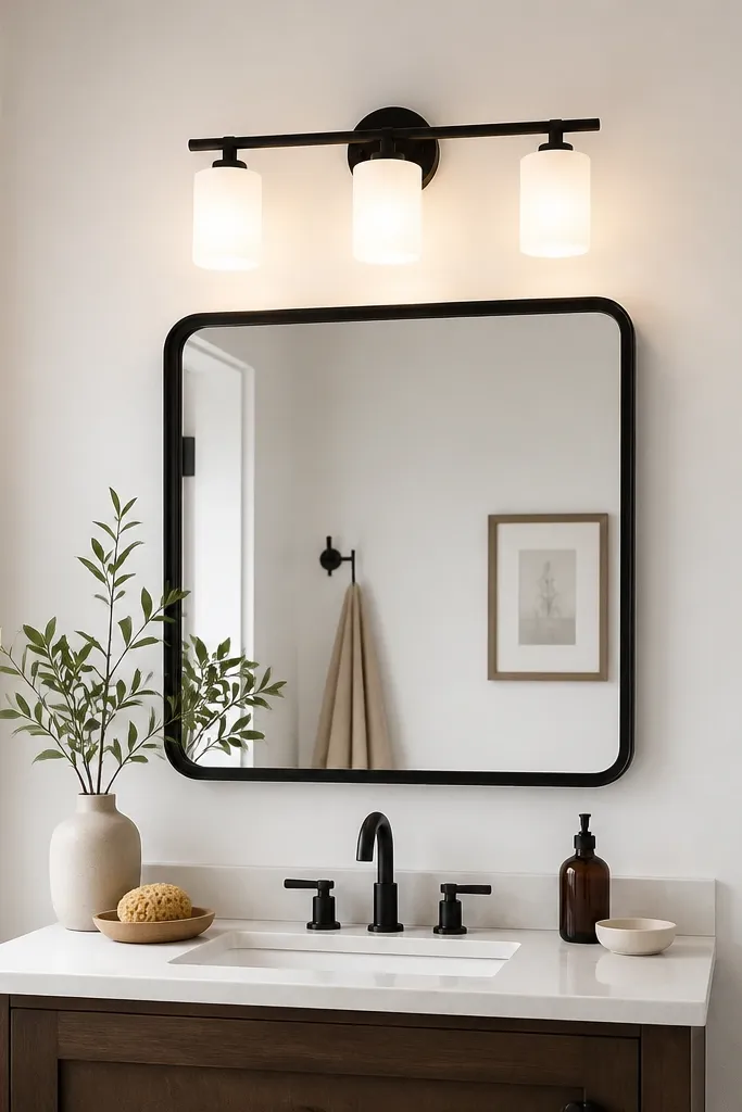 A small bathroom vanity has a black light fixture bar above the mirror. The bulbs have white frosted covers. The wall is white and clean, and the mirror frame is black.