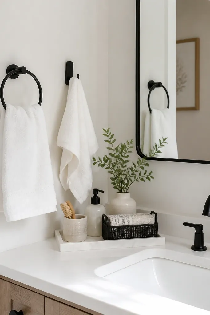 Near the sink, there are black towel rings and two black hooks mounted with removable adhesive. White hand towels hang neatly, and a black-and-white label tag sits on a small organizer.
