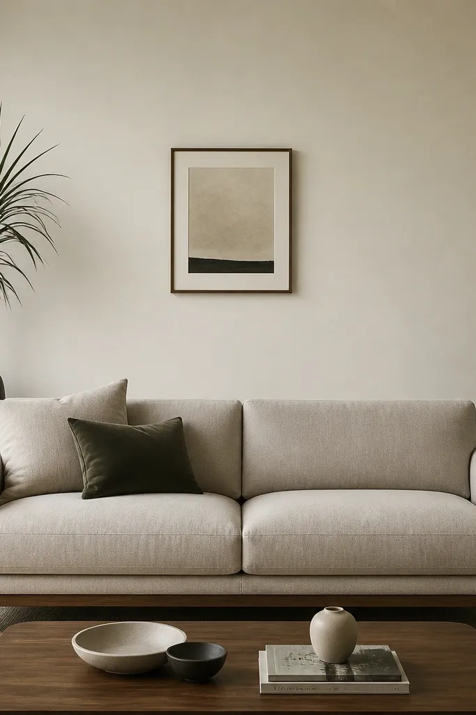 A living room sofa centered in front of a light cream wall. On the left corner behind the sofa sits a tall ceramic planter in matte black with a single spiky plant. On the right corner there's a matching planter in deep green, slightly shorter. The space between corners is left clean except for a small framed print above the sofa.
