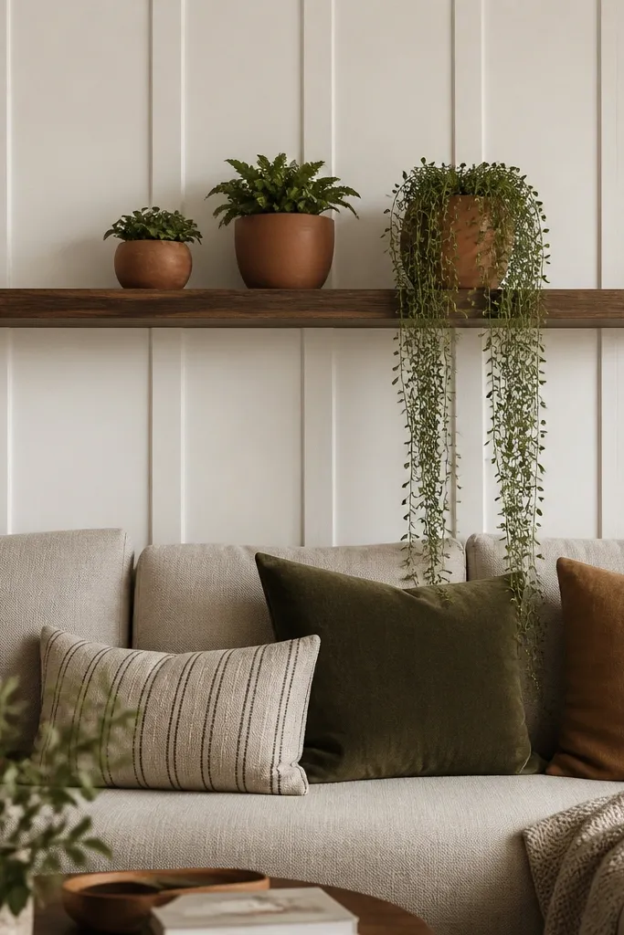 A medium walnut floating shelf spans the wall above the sofa back. Three terracotta pots sit along the shelf - a small round one, a medium one, and a taller one. From the taller pot, a trailing plant spills down in soft green ropes toward the sofa. Behind the shelf there's a simple white wall paneling strip pattern.