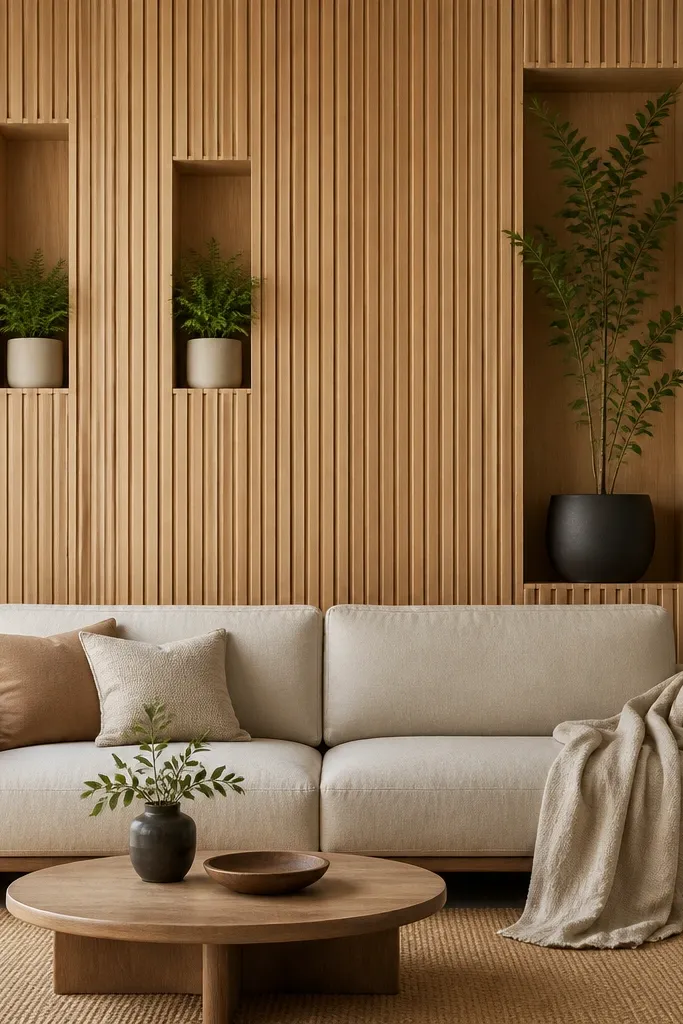A wall covered in light oak vertical slats. Between slats, there are two recessed plant pockets holding small ferns in matte white planters. A larger pocket on the right holds a tall plant in a dark charcoal pot. The sofa sits centered below, with a linen throw draped over the arm.