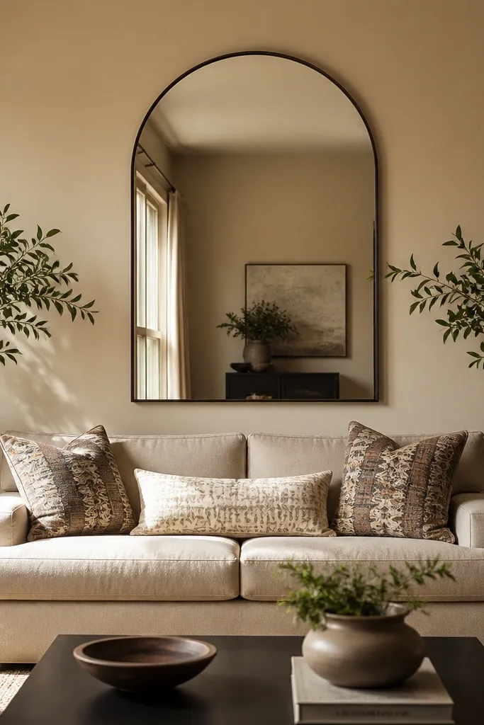 A large arched mirror hangs above the sofa on a warm beige wall. On the left and right of the mirror, two slim metal plant stands hold medium plants in black planters. The plants angle slightly inward toward the mirror. The sofa is a light sand color with patterned cushions.