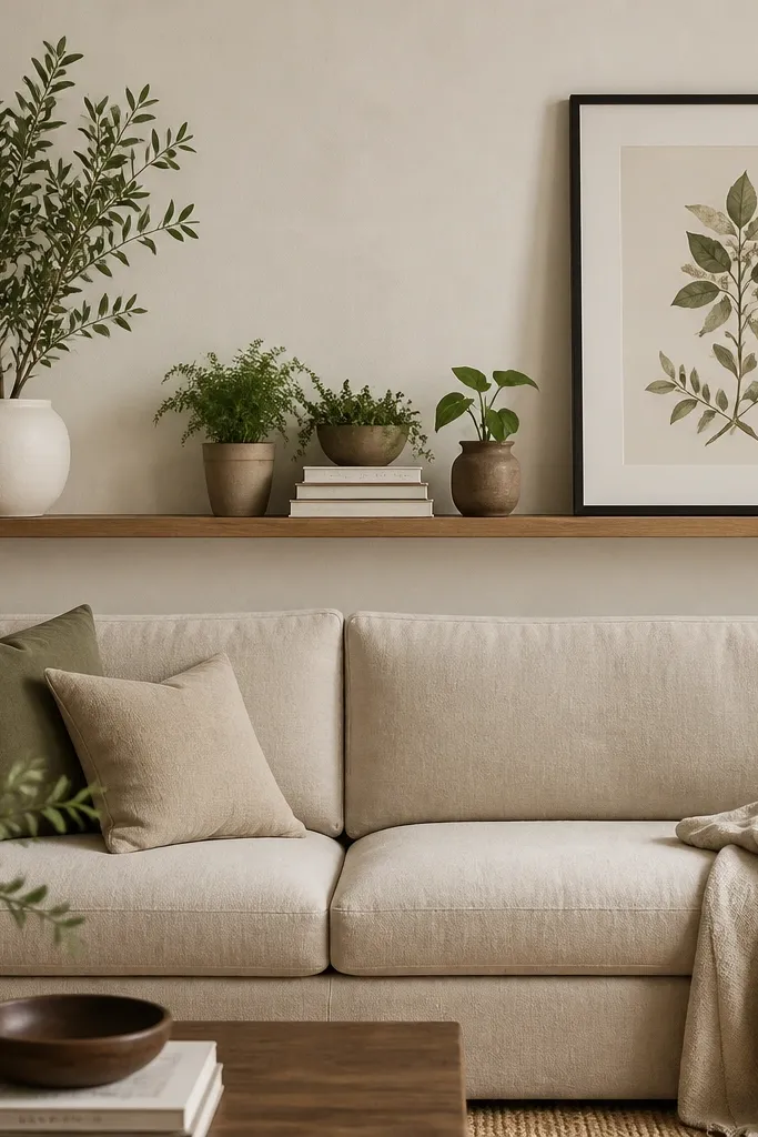 A picture ledge runs horizontally above the sofa. On the far left sits a tall plant in a white pot. In the middle, three smaller pots cluster around a stack of books. On the right, an oversized black frame with a botanical print leans against the wall. The sofa is upholstered in oatmeal linen.