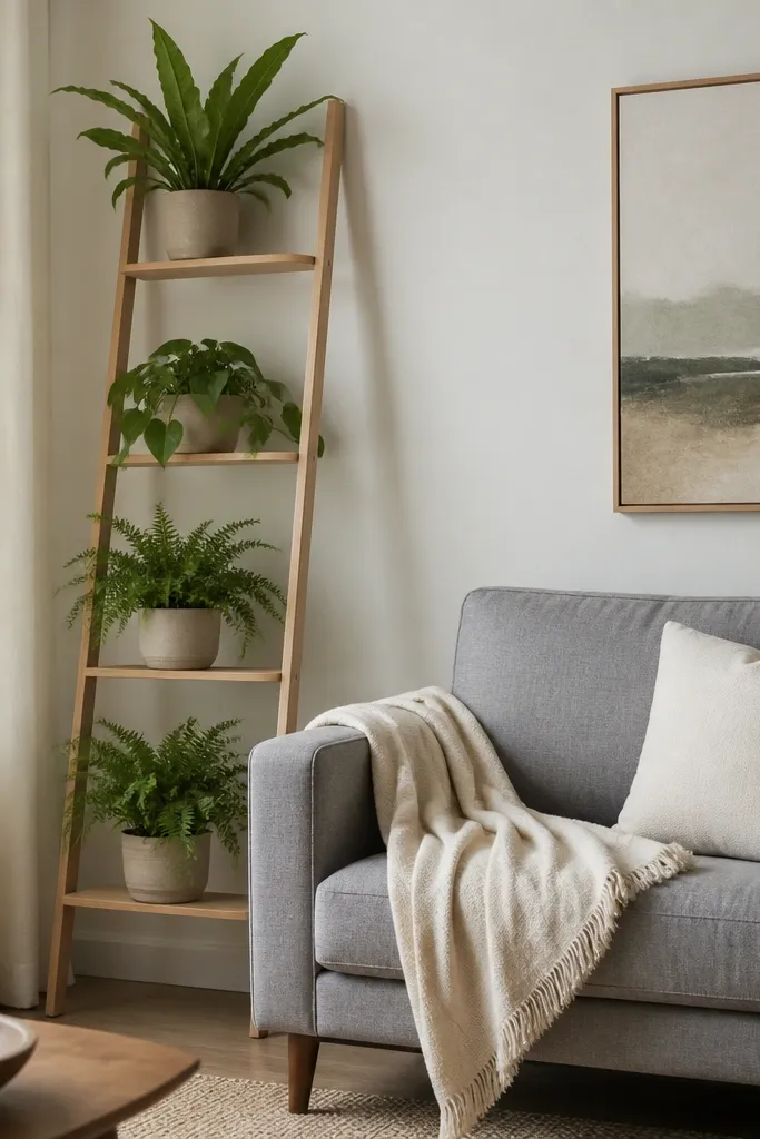 A thin wooden plant ladder leans against the wall behind the sofa. Several rungs hold small pots: two ferns on lower rungs, a leafy plant mid-level, and a tall plant on the top rung. The ladder is light wood with a natural finish. The sofa is gray with a cream throw.