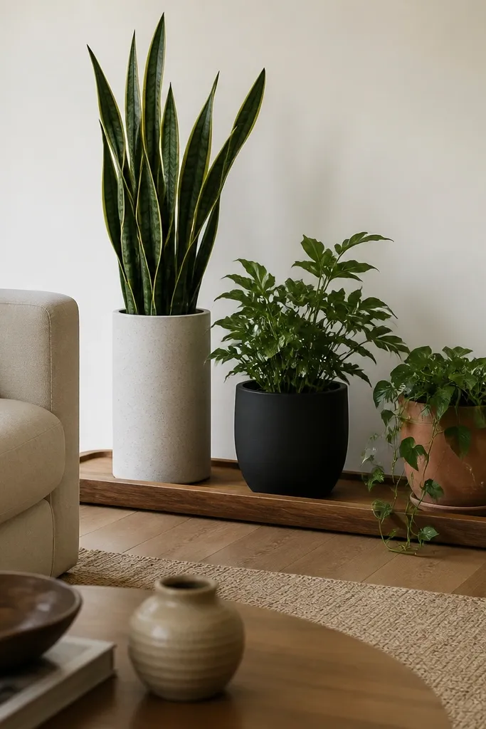 A long wooden tray sits on the floor behind the sofa. Three vertical planters stand on the tray: left is a tall white cylinder with a snake plant, middle is a medium black pot with a leafy plant, and right is a terracotta pot with a draping plant. The tray has a slightly raised edge.