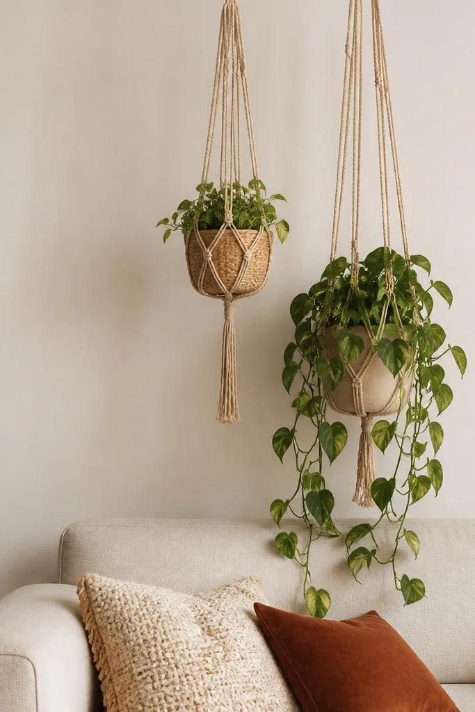 Two macrame hangers suspend plants at different heights behind a sofa. One planter is a mid-height basket with small leaves. The second hanger holds one big trailing plant that spills down toward the sofa back. The wall is off-white and the cords are natural beige.