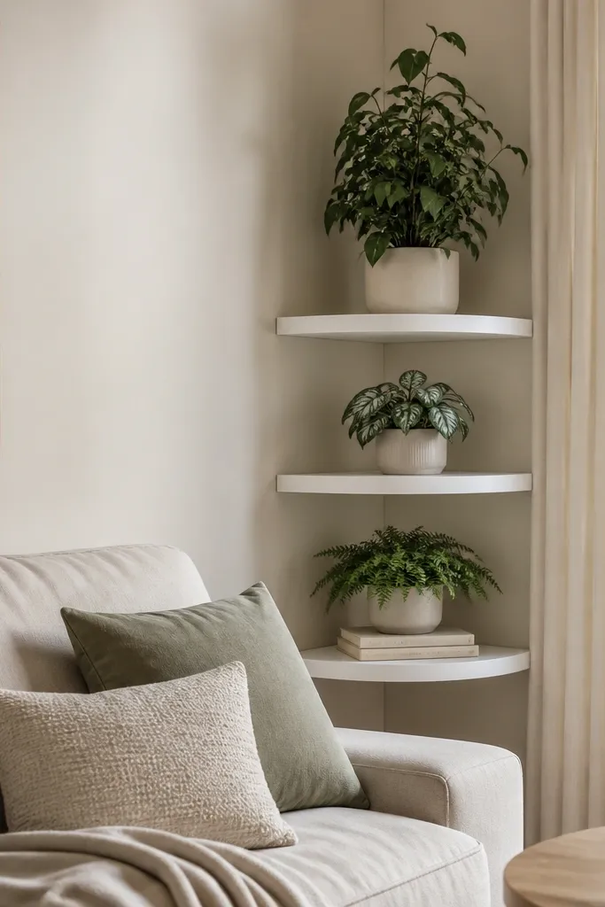 A corner wall has a three-tier corner shelf in white with curved edges. Each shelf holds a plant: top has a tall leafy plant, middle has a small pot with silver variegation, bottom has a compact fern. Small books are stacked near the bottom shelf. The sofa is in front of the corner, facing toward the shelves.