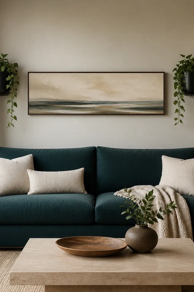 A long, low rectangular art piece hangs above the sofa center. On each side of the art, there are wall-mounted planters in matte black holding trailing vines. The vines spill slightly down on both sides of the art. The sofa is a deep teal fabric with cream pillows.