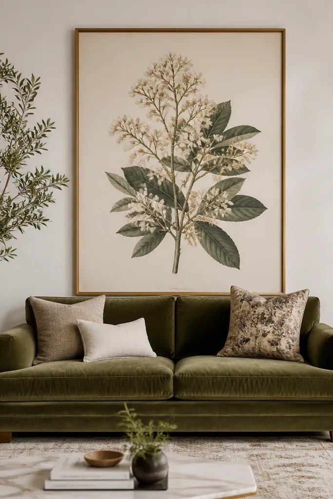 A large framed botanical illustration hangs directly behind the sofa. In front of it on the floor are two plant stands: one on the left with a tall olive-green plant, one on the right with a shorter plant. The stands are light brass. The wall is warm white.