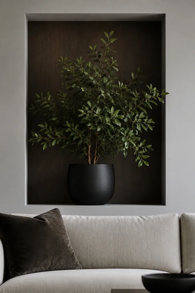 A rectangular recessed niche is cut into the wall behind the sofa. Inside the niche, there's a dark stained wood backing. A single large plant sits in a matte black pot, with leaves filling the niche. The surrounding wall is light gray.