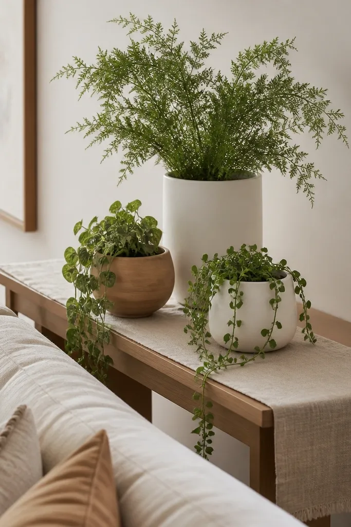 A slim wood console table sits behind the sofa along the wall. A neutral linen runner covers the table. Three planters sit on the console: one tall in back, two smaller in front. The planters are mixed matte white and warm wood, and trailing leaves hang over the table edge.