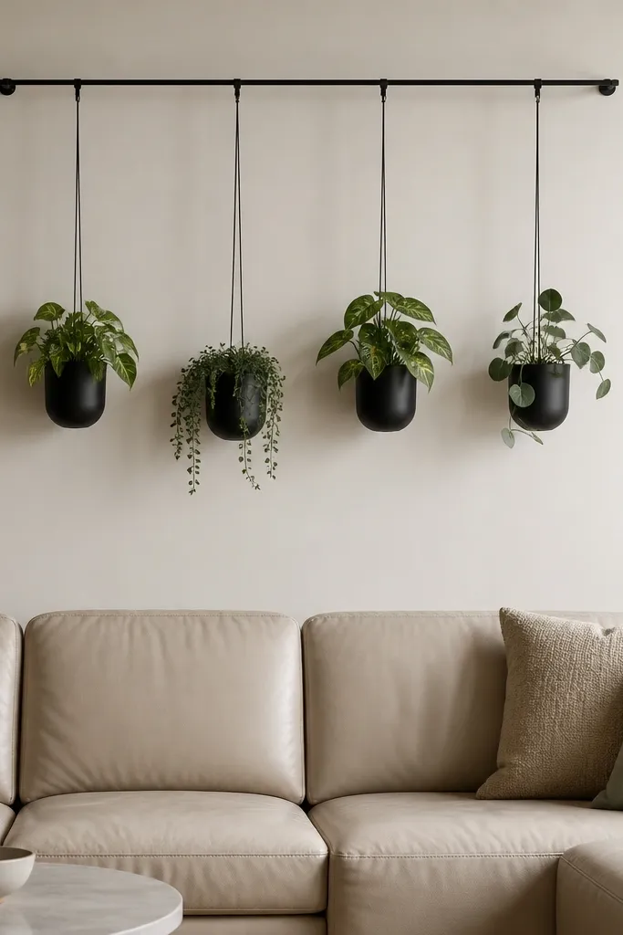 A thin black rod is mounted horizontally above the sofa. From it, four hanging pots descend in a vertical line. The pots are small and matte, with mixed green plants. The wall is a soft warm white, and the sofa is a light beige leather.