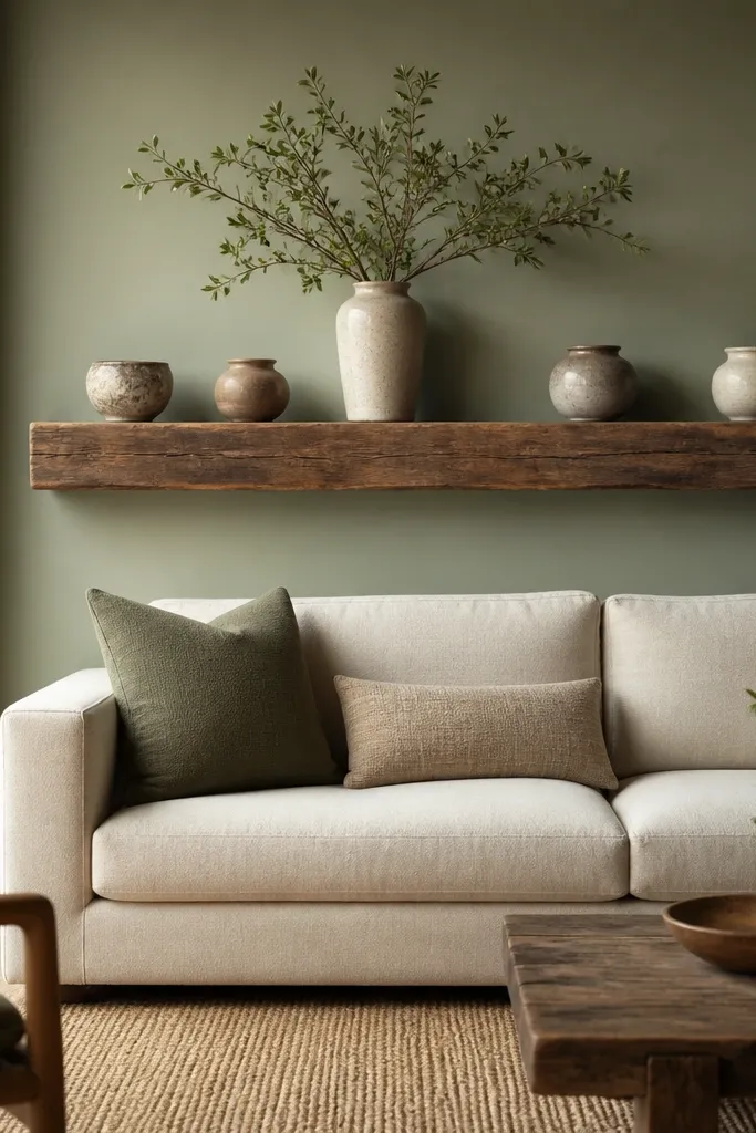 A thick reclaimed wood beam is mounted like a floating shelf above a sofa. Several ceramic pots sit on it, including a tall one at the center and two smaller ones near the edges. The wall is painted a muted sage. A woven rug in warm neutrals is visible below.