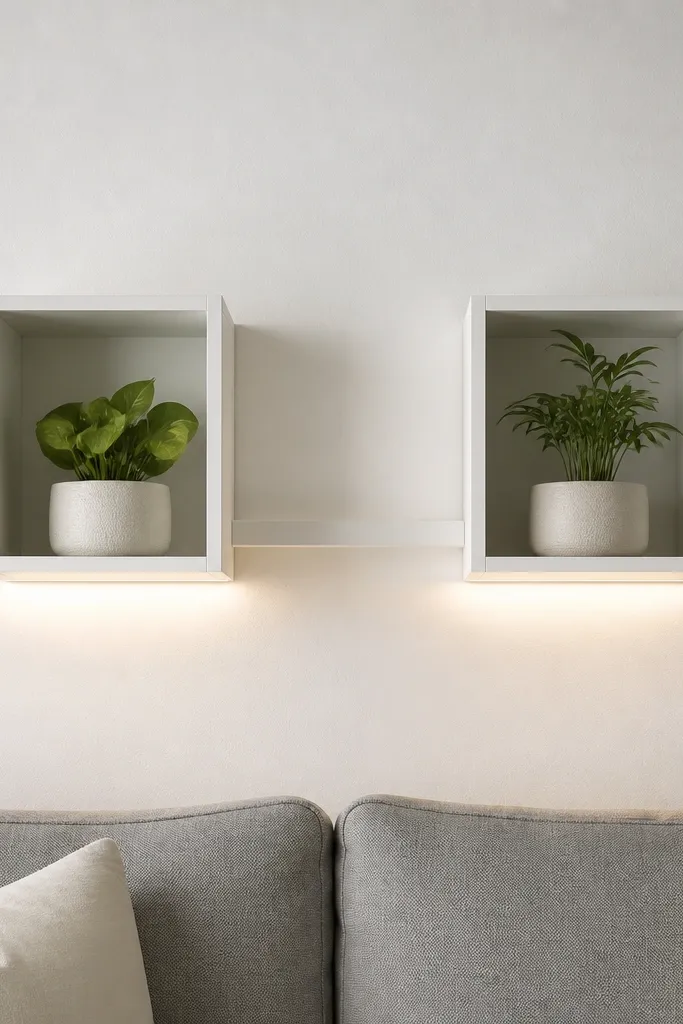 Two small floating cube shelves sit above a sofa back on a white wall. Each cube holds a plant in a matching pot. Between them, a cable track is painted the same color as the wall and supports a small LED strip under the cubes. The LED creates a soft glow.
