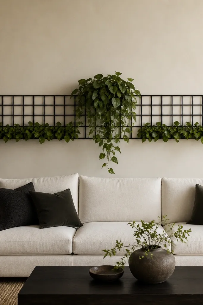 A narrow wall trellis spans behind the sofa, painted black. Plants are attached to the trellis in rows: small green leaves along the bottom and a taller trailing plant at the center. The wall is light beige. The sofa is off-white with dark throw pillows.