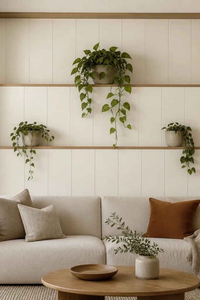 A wall panel behind the sofa has two horizontal ledges built into it. The panel is painted warm white with a subtle wood trim. Three planters sit on the ledges: one tall in the top center, two smaller on the lower ledge. Trailing leaves hang down into the lower area.