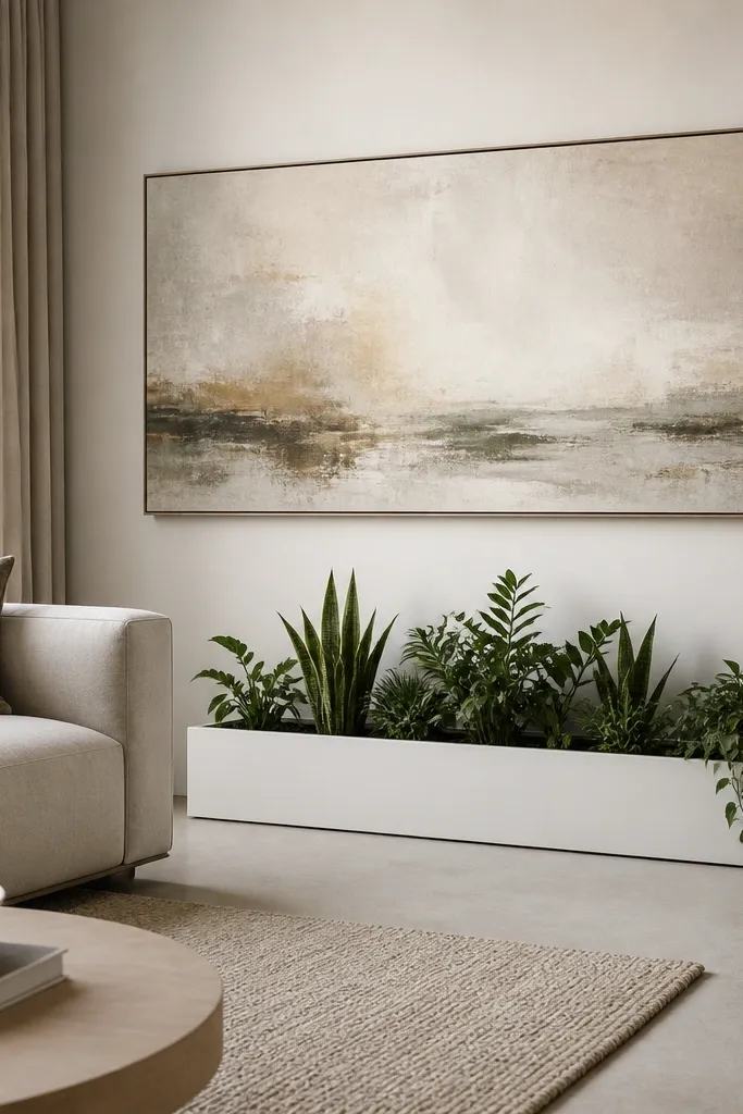 A wide wall painting hangs above the sofa center. Under it, a long low planter box sits on the floor with a row of plants. The plants are a mix of upright and one draping vine at the far right. The box is white with a matte finish.
