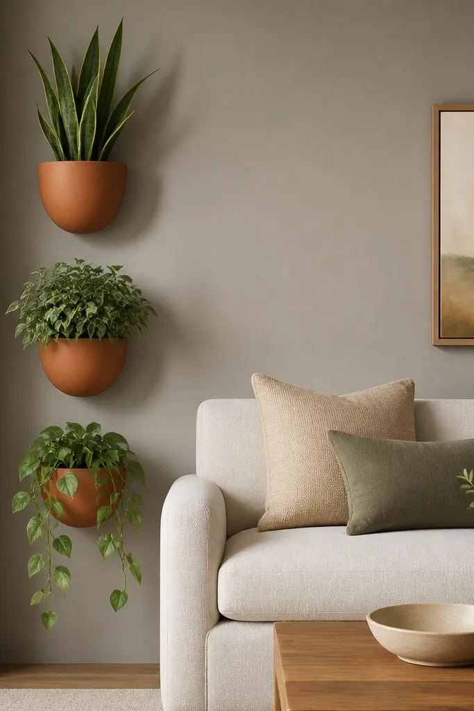 Three wall-mounted planters are stacked vertically along one side of the sofa. They all share the same pot color - matte terracotta. Each planter holds a plant with different leaf shapes: one upright, one bushy, one trailing. The wall is warm gray and the sofa is cream.
