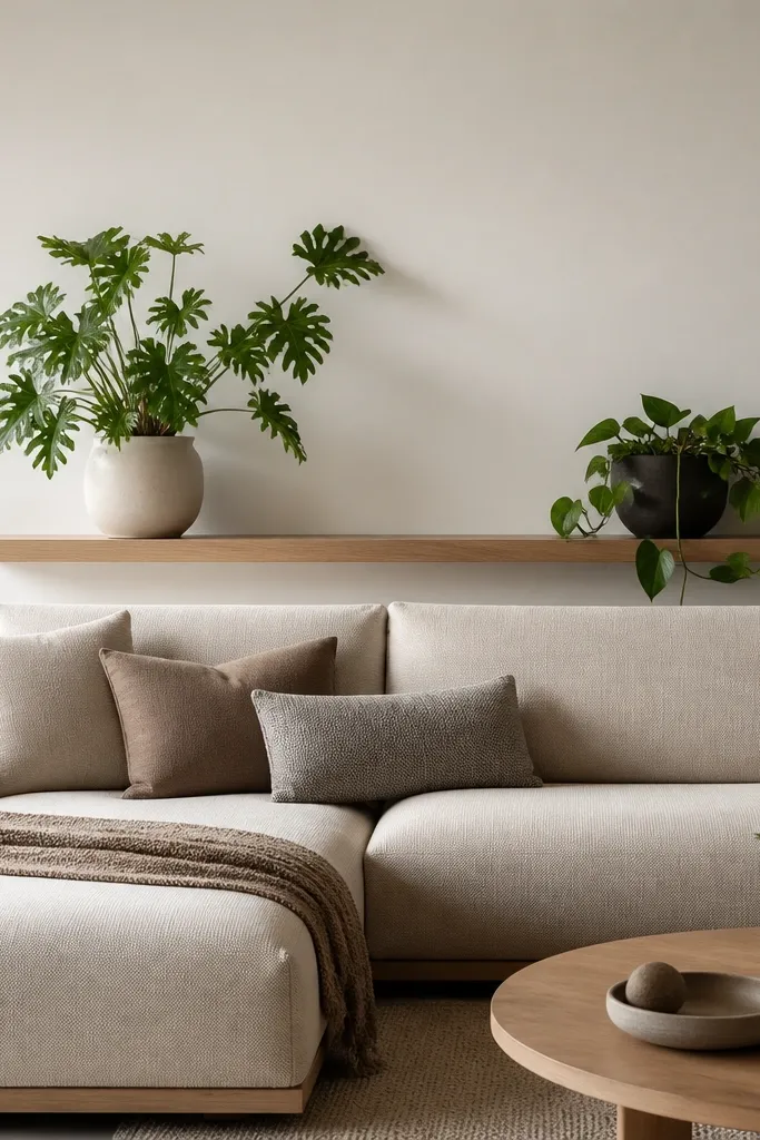 A floating wooden bench is mounted behind the sofa at cushion height. On top of the bench are two planters: left is a round white pot with a leafy plant, right is a dark pot with a trailing plant. The bench has a simple profile and the wall is painted soft white.