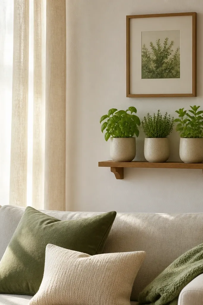 A small wall shelf holds a row of mini herb pots - basil, thyme, and mint - in matching ceramic planters. Above or beside it is a small framed print. The sofa is in front of the wall, and a curtain filters daylight.