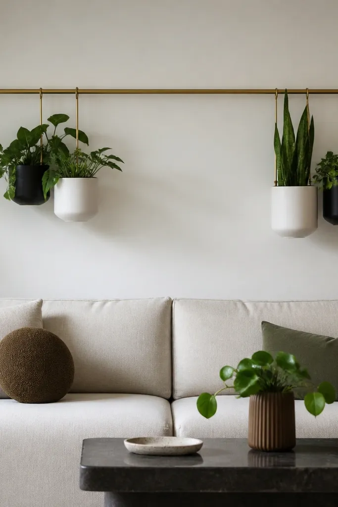 A long wall rail runs horizontally above the sofa back. Two clusters of plants hang from the rail - one cluster has two medium pots, the other has one taller pot and one trailing pot. The rail is brushed brass, and the planters are matte white and black.