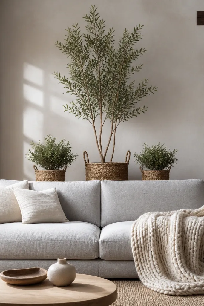 A tall sculptural plant in a woven basket sits directly behind the sofa center. Two smaller woven baskets with short plants sit slightly forward on either side. The sofa is light gray with a chunky knit throw.
